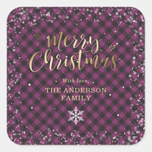 Gold Purple Buffalo Plaid Snowflake Christmas Square Sticker