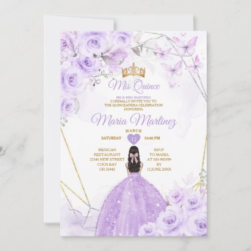 Gold  Purple Butterflies Princess Quiceanera Invitation