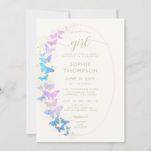 Gold Purple Butterfly Boho Frame Girl Baby Shower Invitation