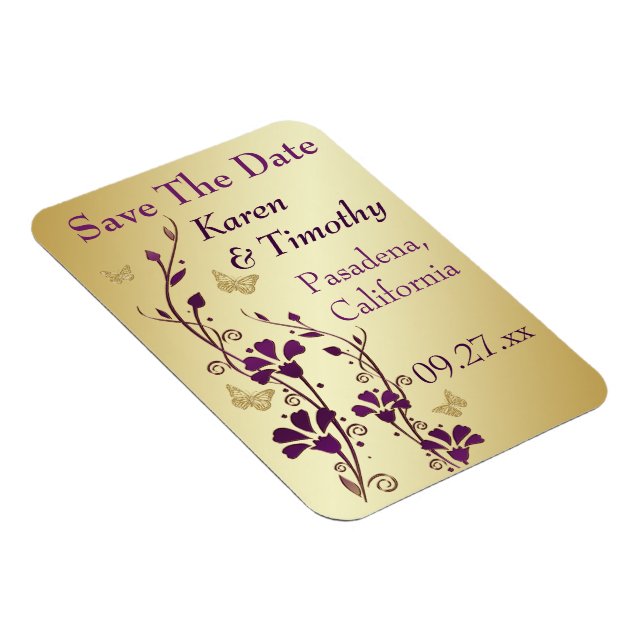 Gold, Purple Butterfly Floral Save The Date Magnet (Right Side)