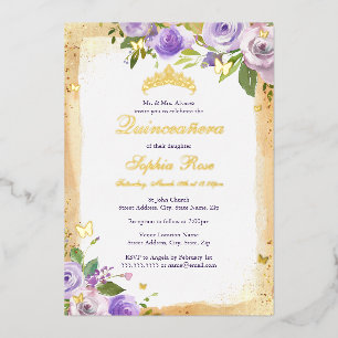 Gold Purple Butterfly Rose Floral Quinceanera Foil Invitation