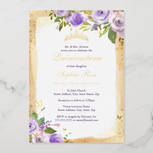 Gold Purple Butterfly Rose Floral Quinceanera Foil Invitation