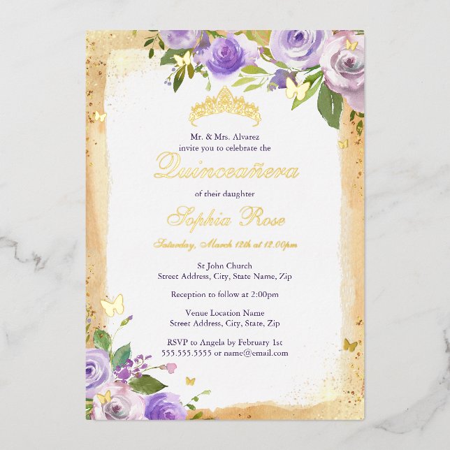 Gold Purple Butterfly Rose Floral Quinceanera Foil Invitation (Front)