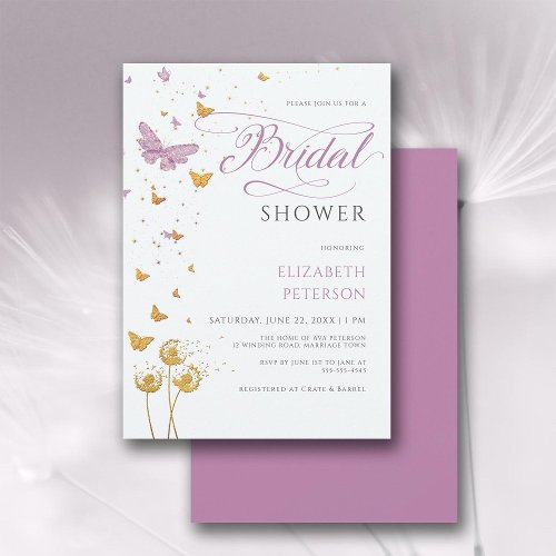 Gold Purple Butterfly Wildflowers Bridal Shower Invitation