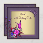 Gold Purple Butterfly Womans 50th Birthday Party Invitation (Front/Back)