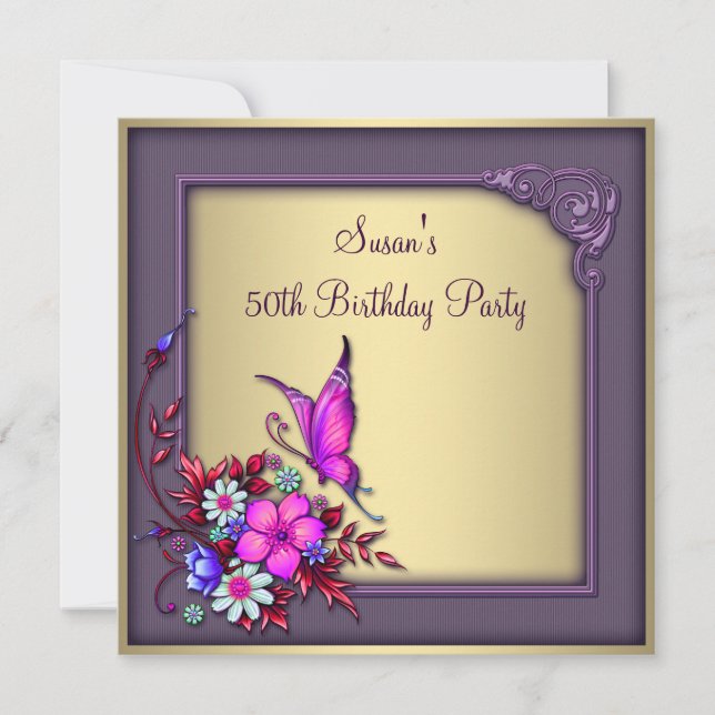 Gold Purple Butterfly Womans 50th Birthday Party Invitation (Front)