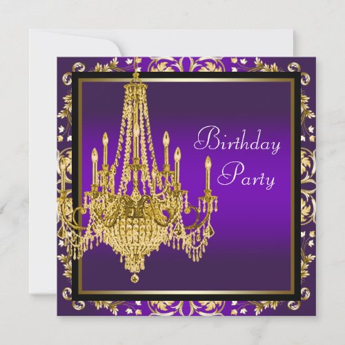 Gold Purple Chandelier Birthday Party Custom Invitation