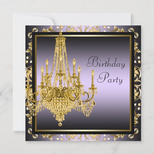 Gold Purple Chandelier Birthday Party Invitation