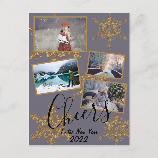 Gold Purple Cheers Snowflake 4 Photos Holiday Postcard (Front)