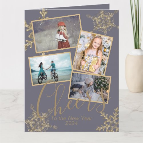 Gold Purple Cheers to the New Year Snowflake Photo Card