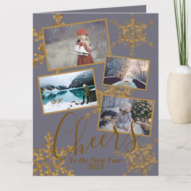 Gold Purple Cheers to the New Year Snowflake Photo Card (Front)