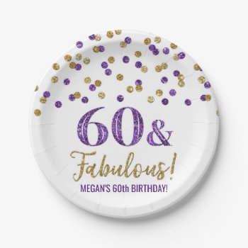 Gold Purple Confetti 60 And Fabulous  Paper Plates by DreamingMindCards at Zazzle