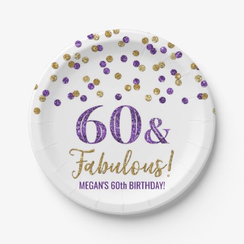 Gold Purple Confetti 60 and Fabulous  Paper Plates