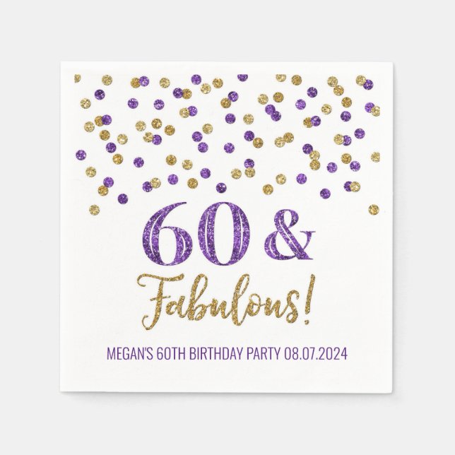 Gold Purple Confetti 60 & Fabulous  Napkins (Front)
