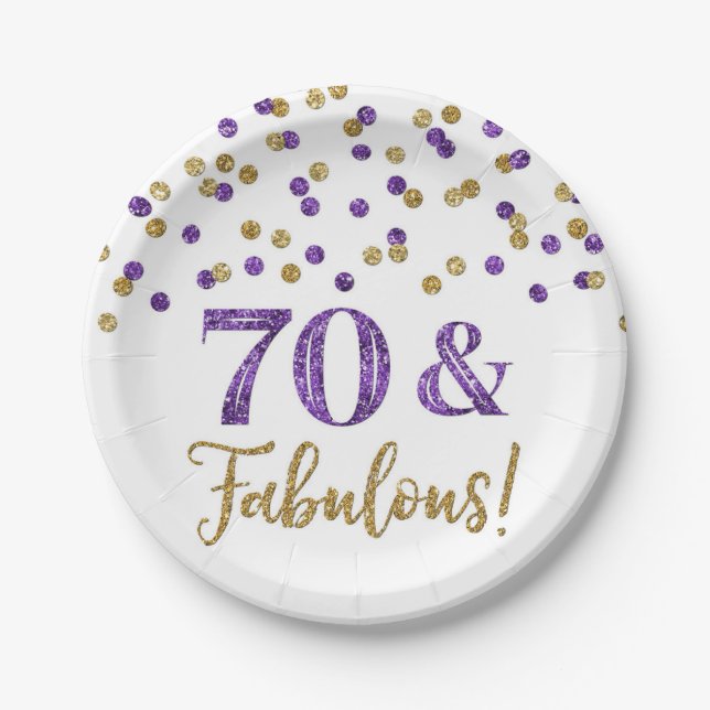 Gold Purple Confetti 70 and Fabulous  Paper Plates (Front)