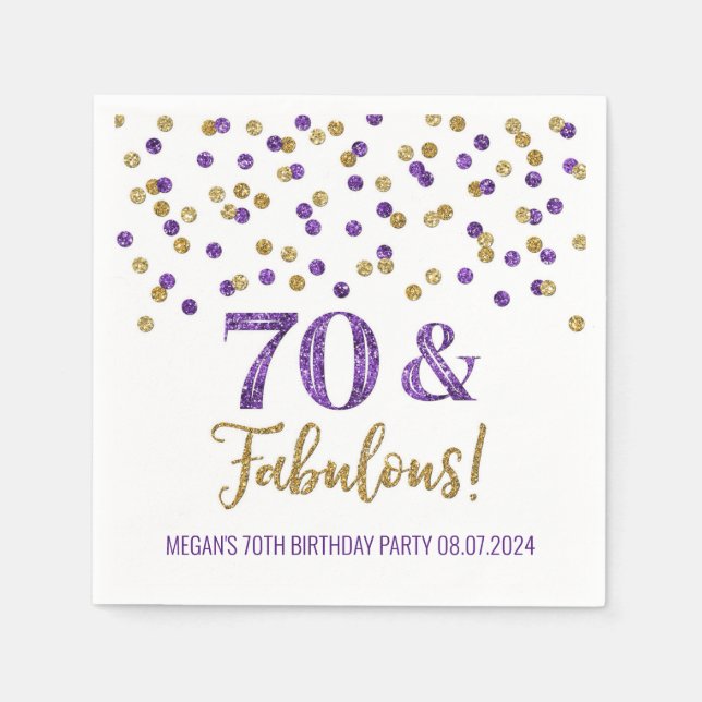 Gold Purple Confetti 70 & Fabulous Napkins (Front)