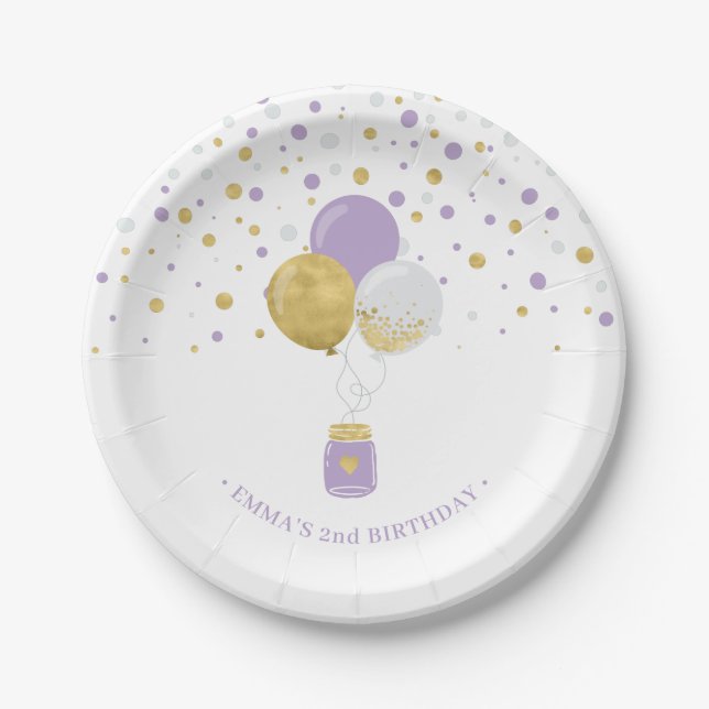 Gold & Purple Confetti Balloons 1st Birthday Paper Plates (Front)
