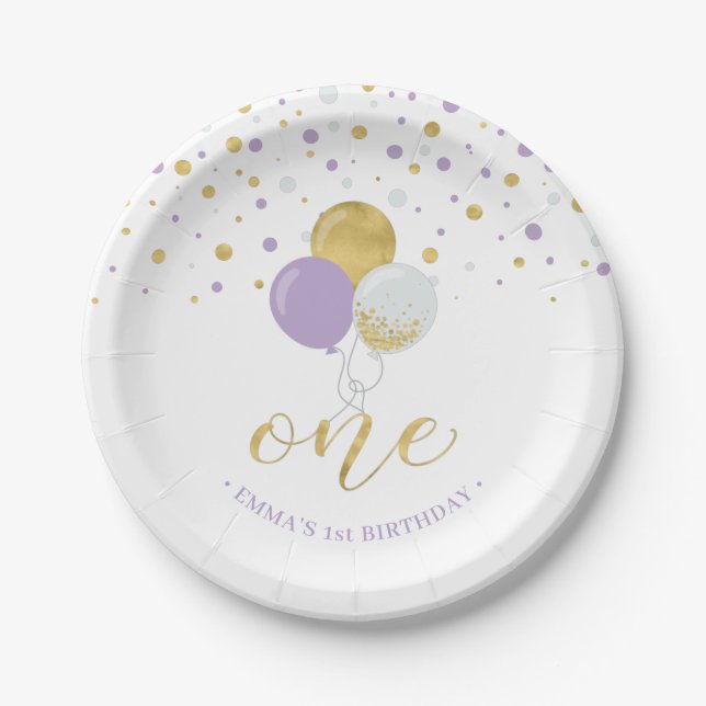 Gold & Purple Confetti Balloons 1st Birthday Party Paper Plates (Front)