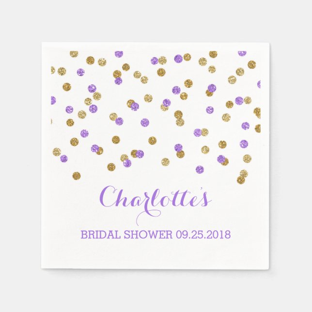 Gold Purple Confetti Bridal Shower Paper Napkins (Front)