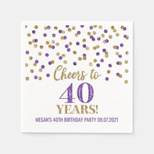 Gold Purple Confetti Cheers to 40 Years Birthday Napkins
