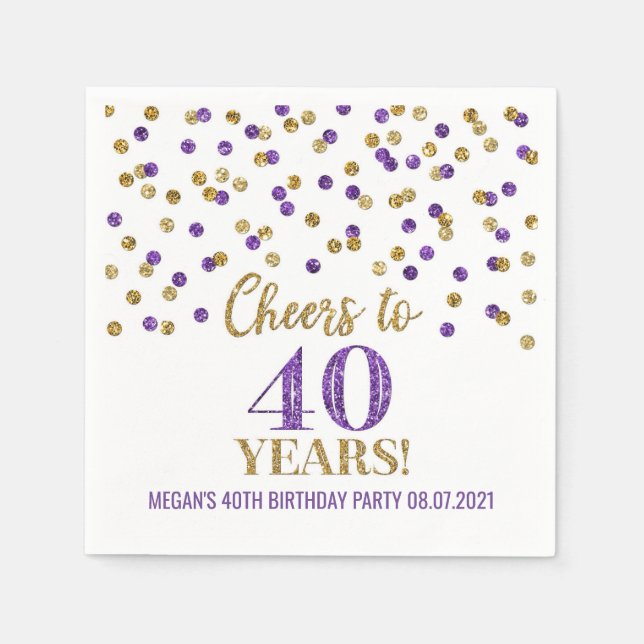 Gold Purple Confetti Cheers to 40 Years Birthday Napkins (Front)