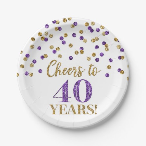 Gold Purple Confetti Cheers to 40 Years Birthday Paper Plates