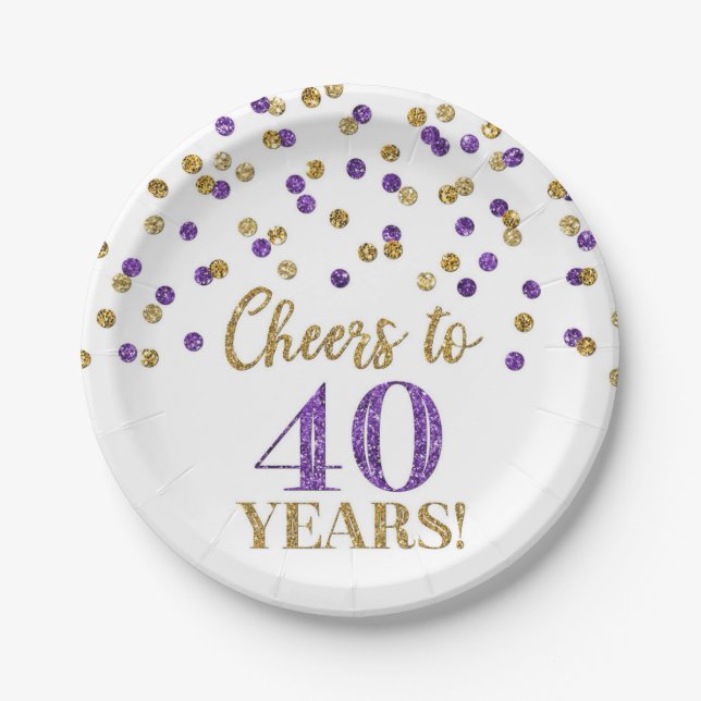 Gold Purple Confetti Cheers to 40 Years Birthday Paper Plates (Front)