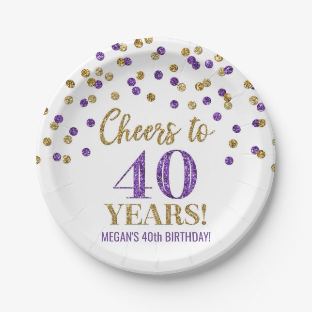 Gold Purple Confetti Cheers to 40 Years Birthday Paper Plates (Front)