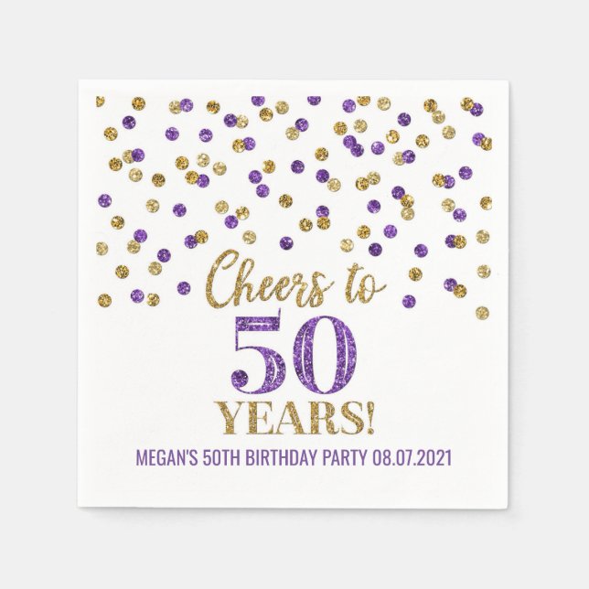 Gold Purple Confetti Cheers to 50 Years Birthday Napkins (Front)