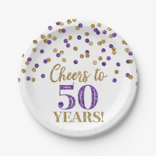 Gold Purple Confetti Cheers to 50 Years Birthday Paper Plates