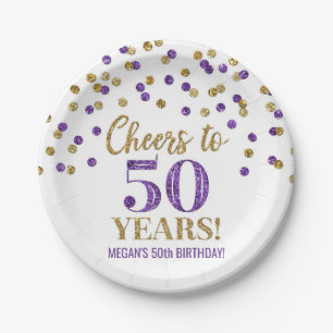 Gold Purple Confetti Cheers to 50 Years Birthday Paper Plates