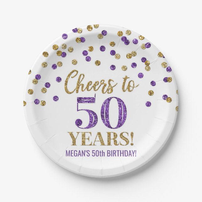 Gold Purple Confetti Cheers to 50 Years Birthday Paper Plates (Front)