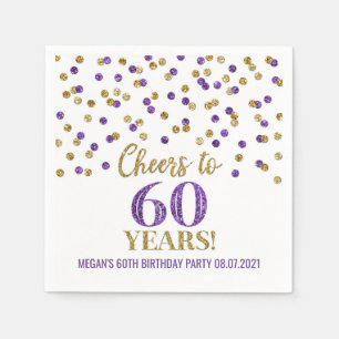 Gold Purple Confetti Cheers to 60 Years Birthday Napkins