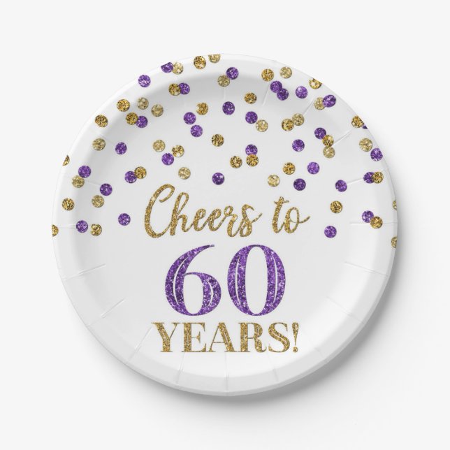 Gold Purple Confetti Cheers to 60 Years Birthday Paper Plates (Front)