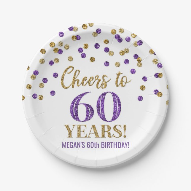 Gold Purple Confetti Cheers to 60 Years Birthday Paper Plates (Front)