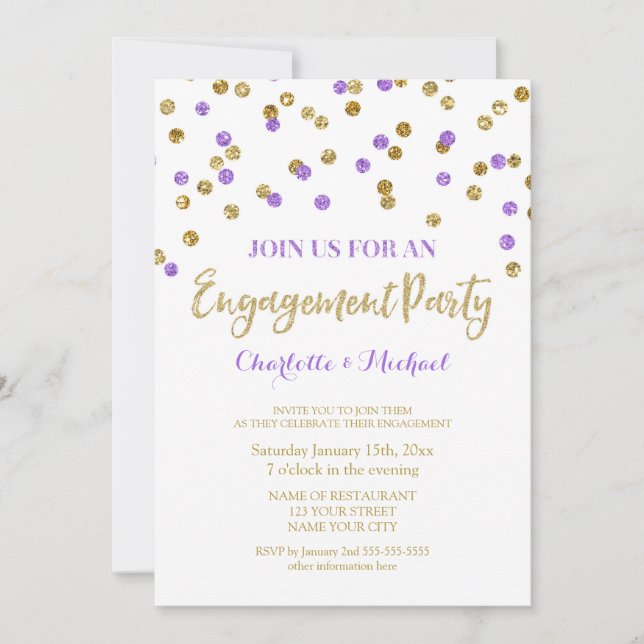 Gold Purple Confetti Engagement Party Invitation (Front)