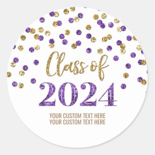 Gold Purple Confetti Graduation 2024 Classic Round Sticker