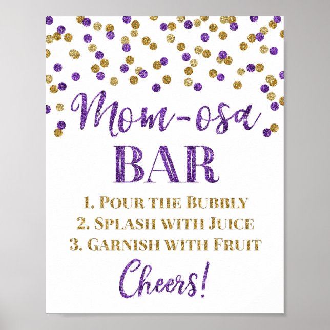 Gold Purple Confetti Mom-osa Bar Sign Baby Shower (Front)