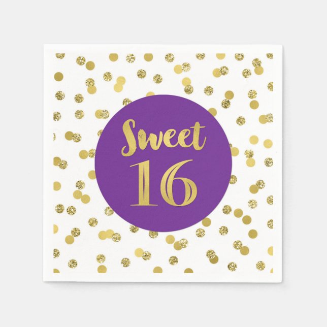 Gold Purple Confetti Sweet 16 Birthday Napkins (Front)
