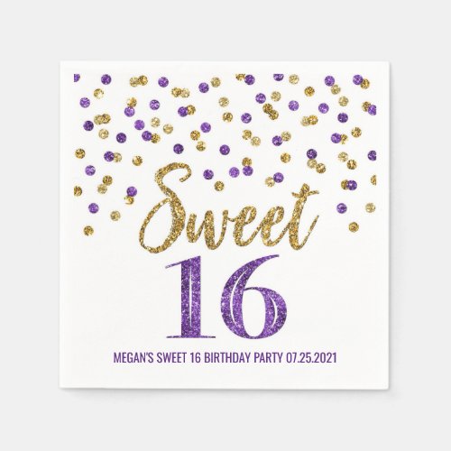 Gold Purple Confetti Sweet 16 Birthday Napkins