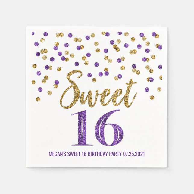 Gold Purple Confetti Sweet 16 Birthday Napkins (Front)
