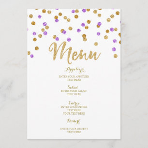 Gold Purple Confetti Wedding Menu