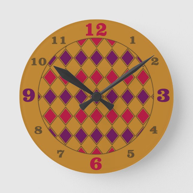 Gold Purple & Coral Harlequin Pattern Round Clock (Front)