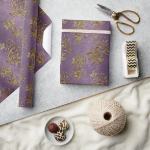 Gold & Purple Damask Faux Velvet Christmas Wrapping Paper
