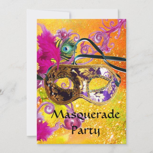 GOLD PURPLE DAMASK FEATHER MASK Masquerade Party Invitation (Front)