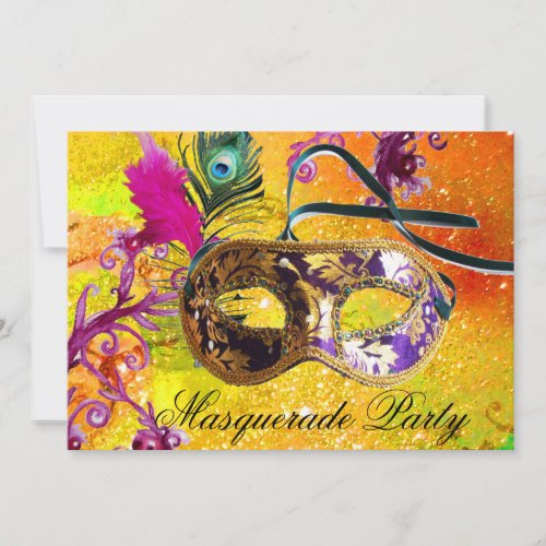 GOLD PURPLE DAMASK FEATHER MASK Masquerade Party Invitation