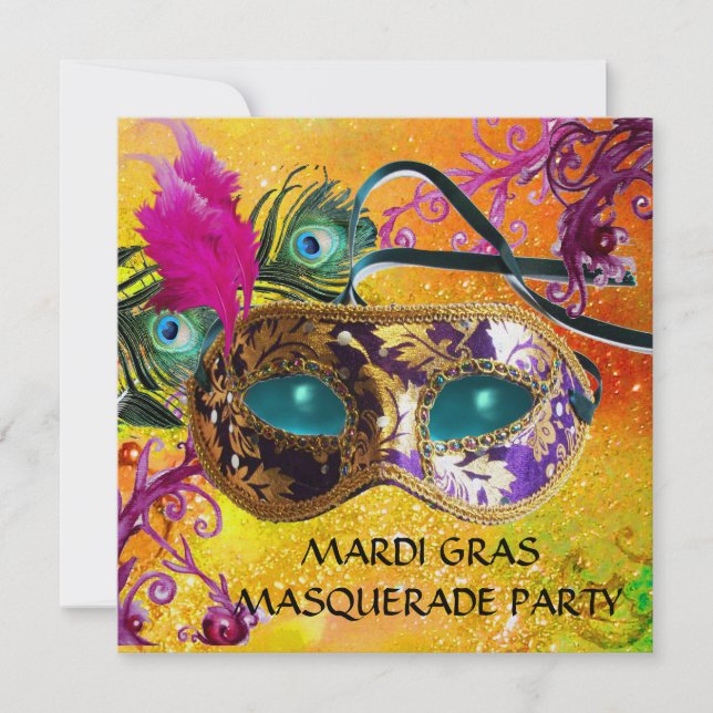 GOLD PURPLE DAMASK FEATHER MASK Masquerade Party Invitation (Front)