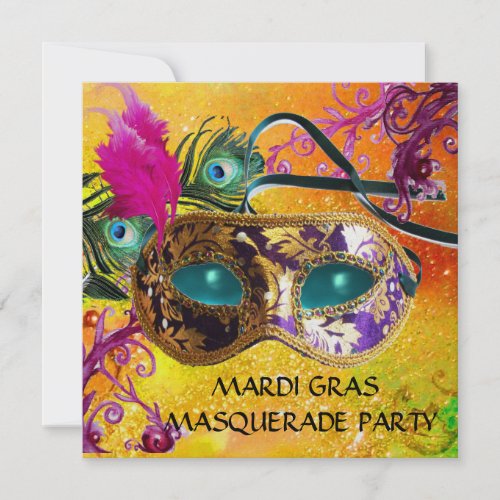 GOLD PURPLE DAMASK FEATHER MASK Masquerade Party Invitation