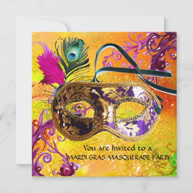 GOLD PURPLE DAMASK FEATHER MASK Masquerade Party Invitation (Front)