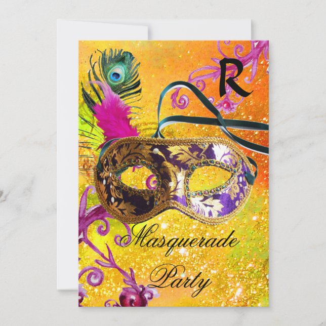 GOLD PURPLE DAMASK FEATHER MASK Masquerade Party Invitation (Front)